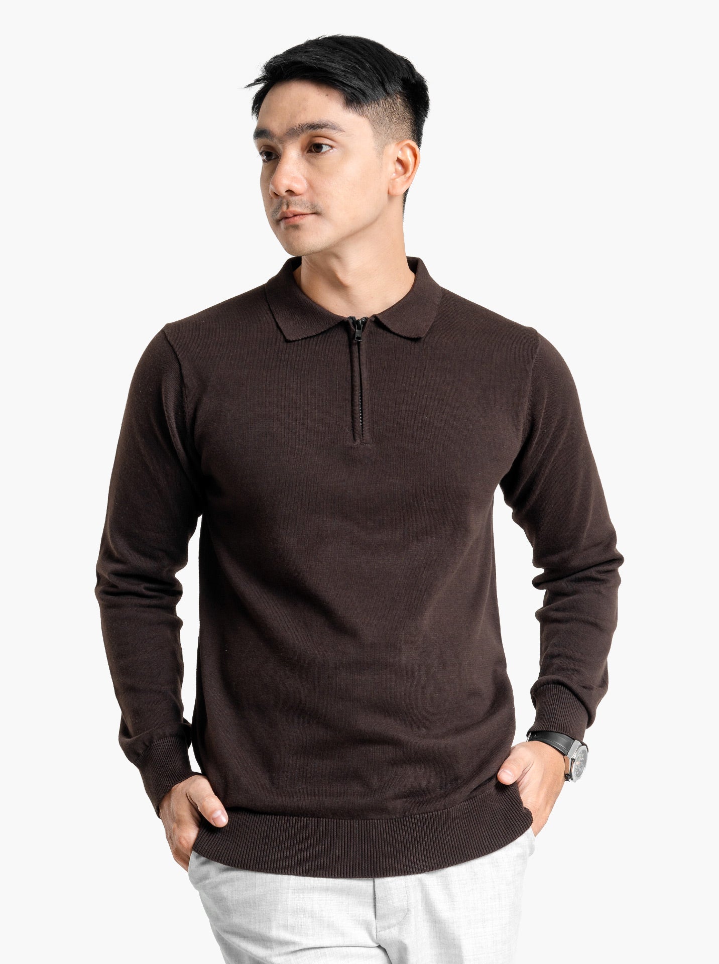 Polo-Zip-Neck-Long-Sleeve-Knitwear-Gomuda