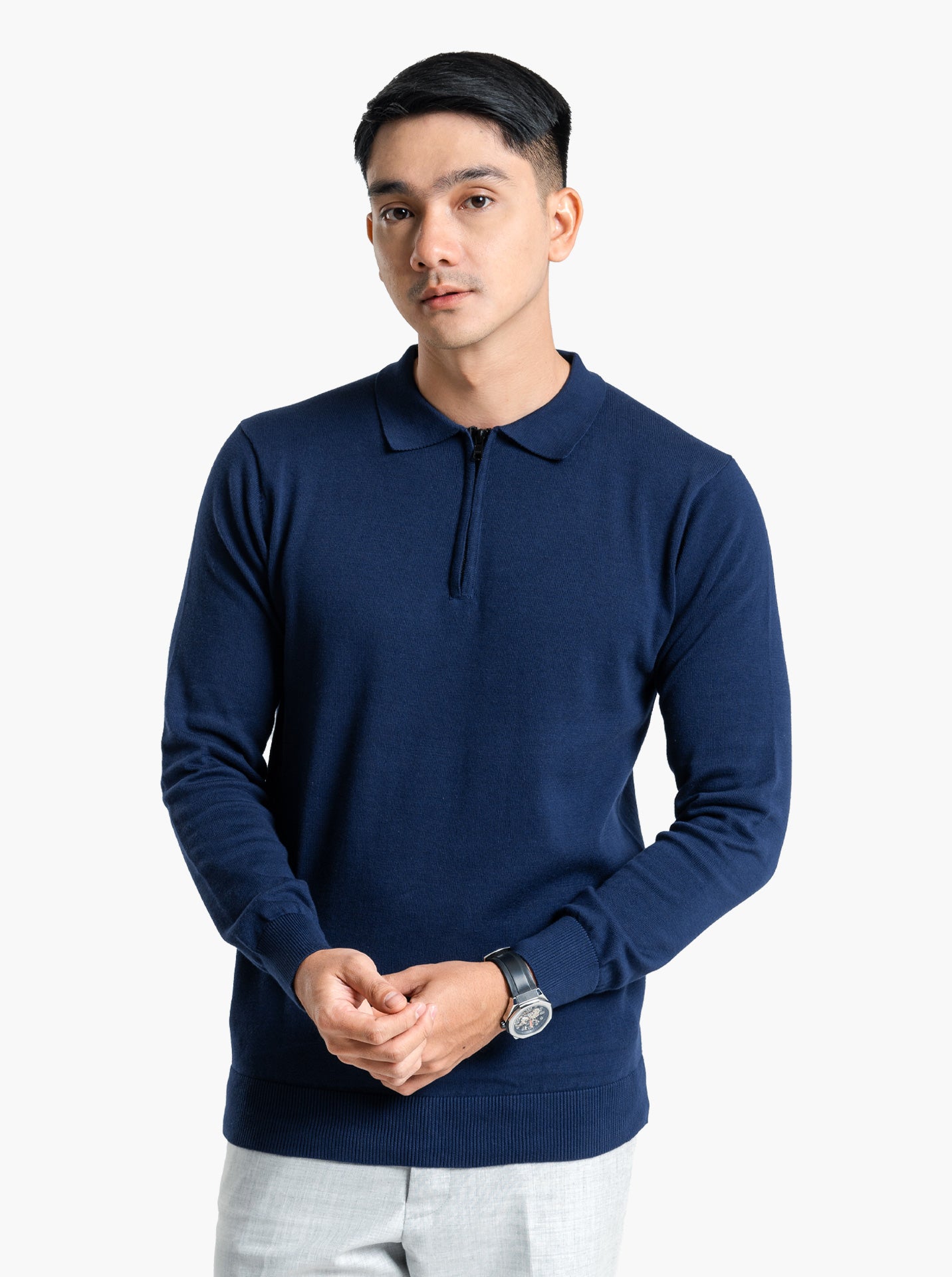 Polo-Zip-Neck-Long-Sleeve-Knitwear-Gomuda