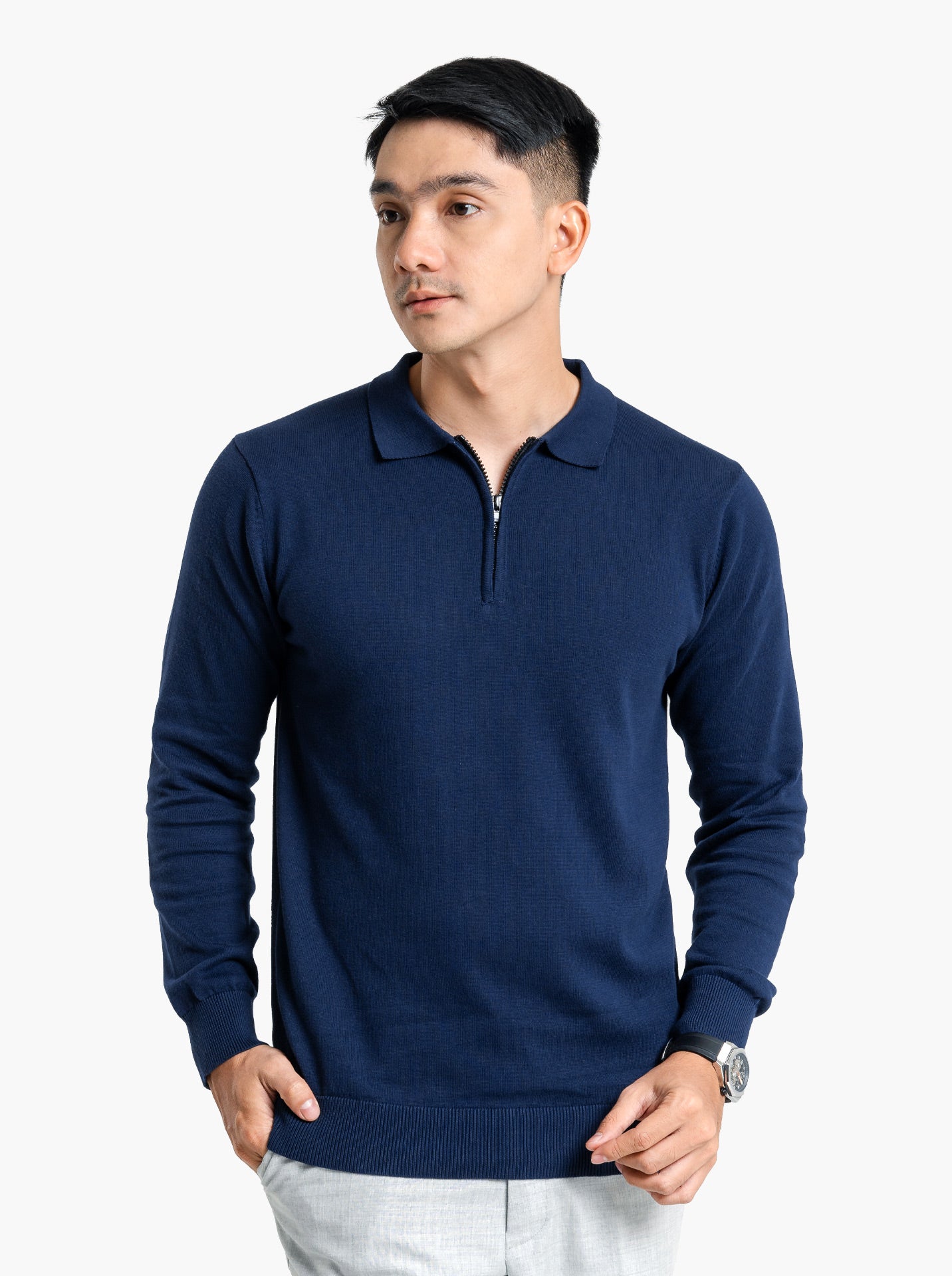 Polo-Zip-Neck-Long-Sleeve-Knitwear-Gomuda