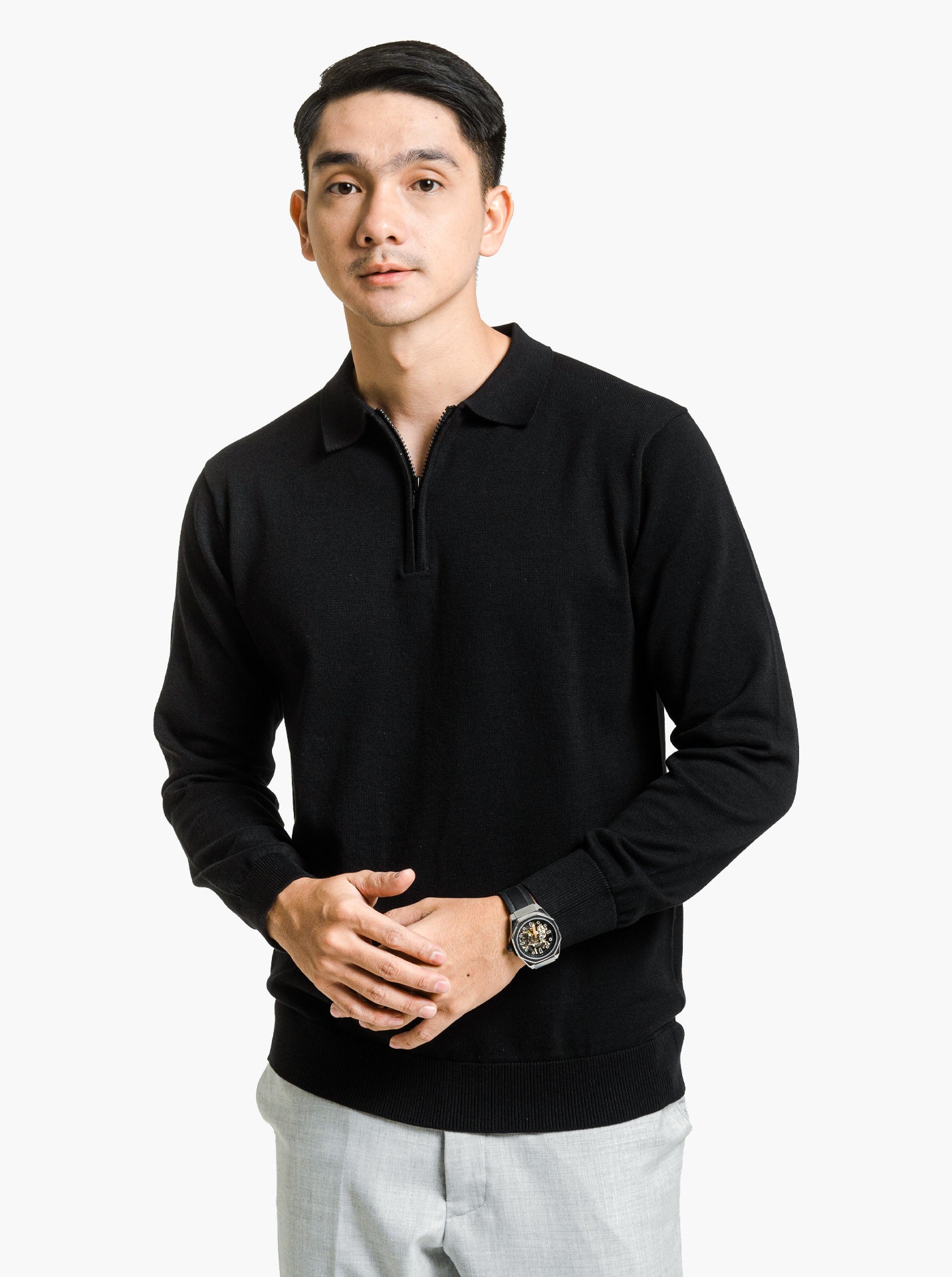Polo-Zip-Neck-Long-Sleeve-Knitwear-Gomuda