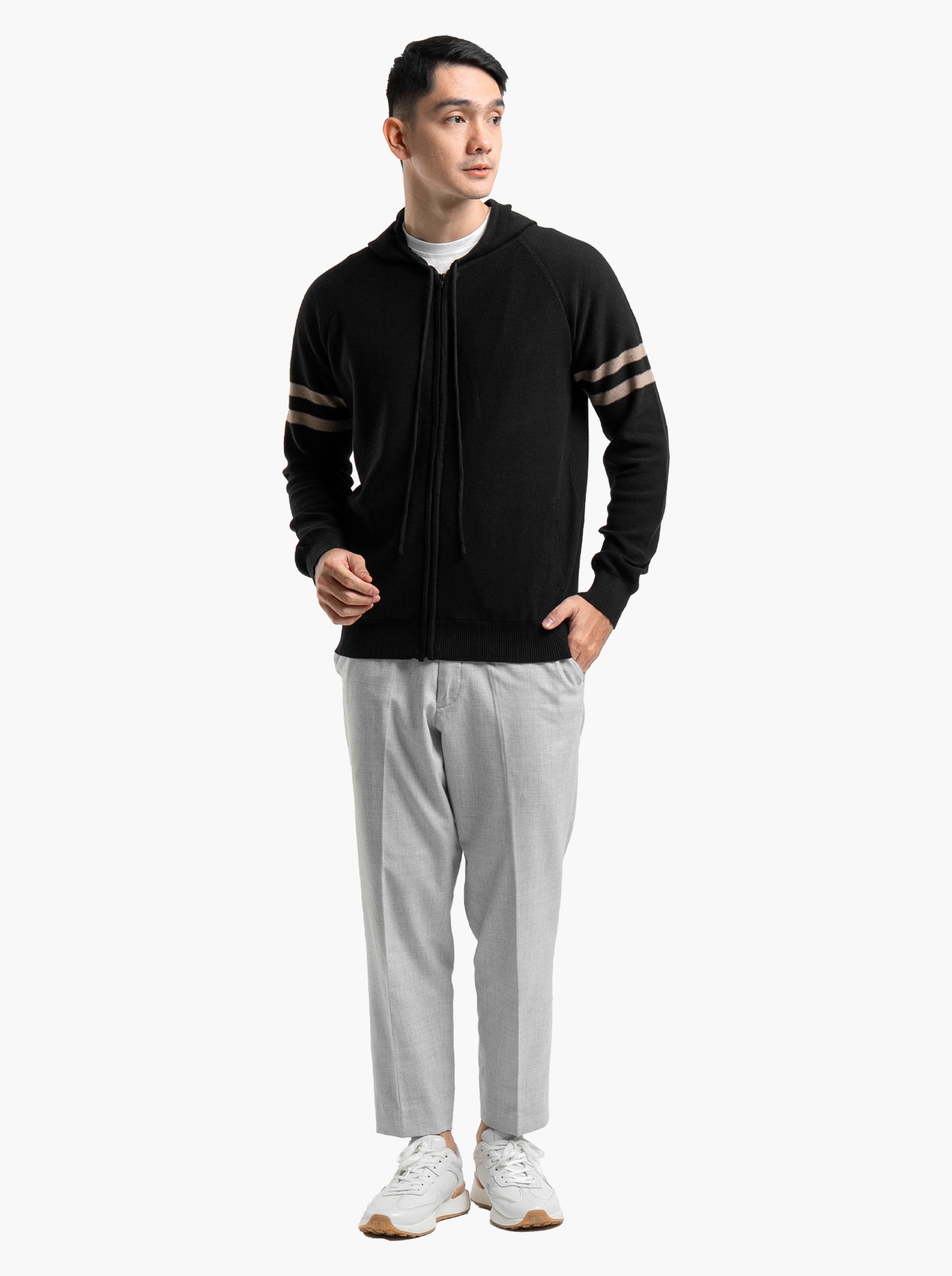 Raglan Hoodie Full Zip Black Stripe Khaki Knitwear
