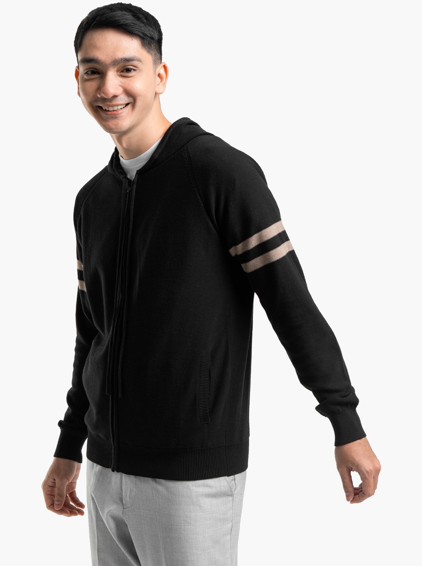 Raglan Hoodie Full Zip Black Stripe Khaki Knitwear