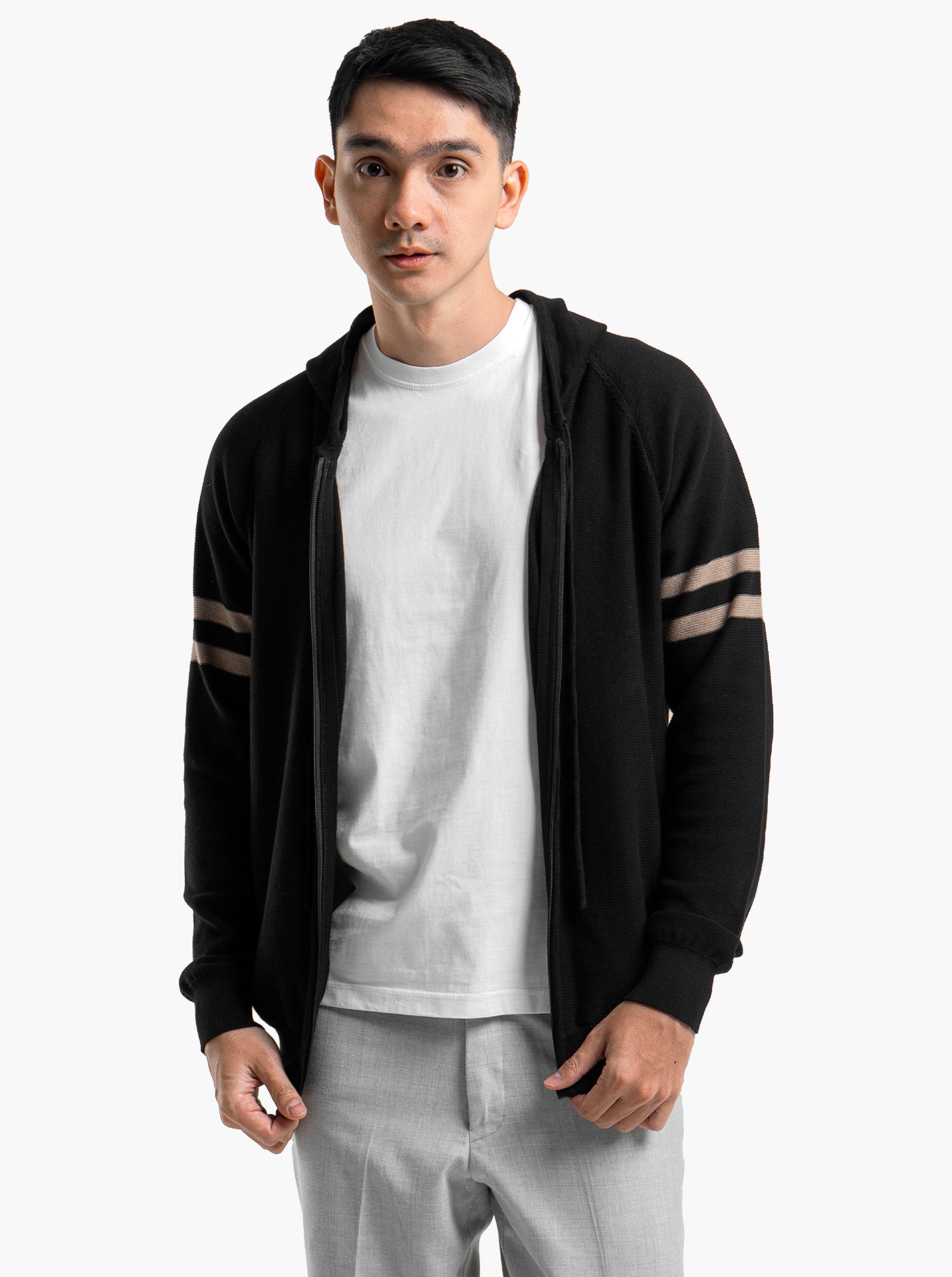 Raglan Hoodie Full Zip Black Stripe Khaki Knitwear
