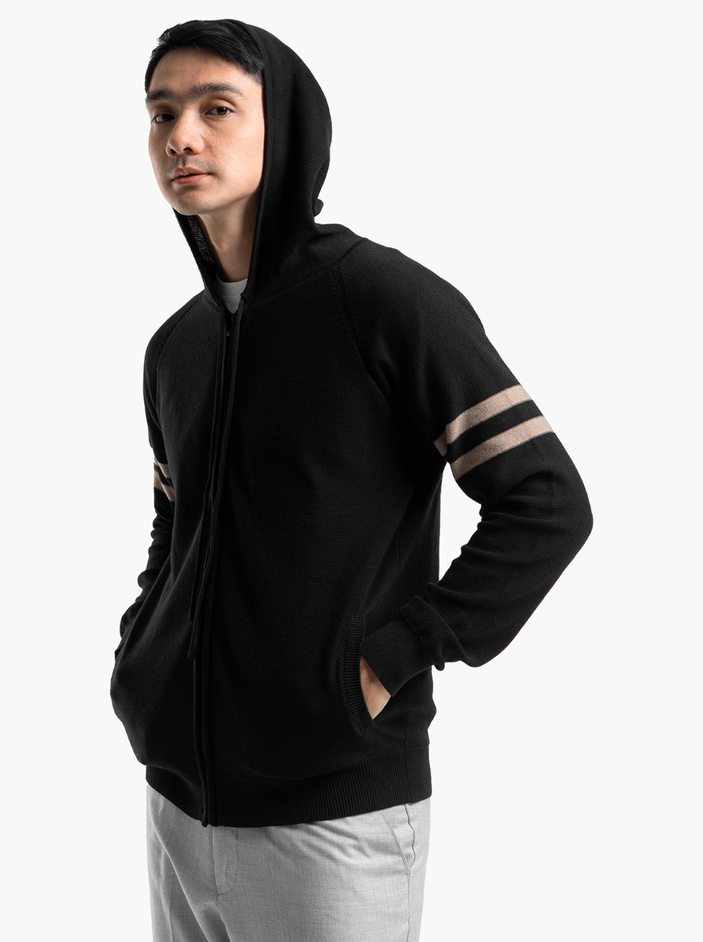 Raglan Hoodie Full Zip Black Stripe Khaki Knitwear