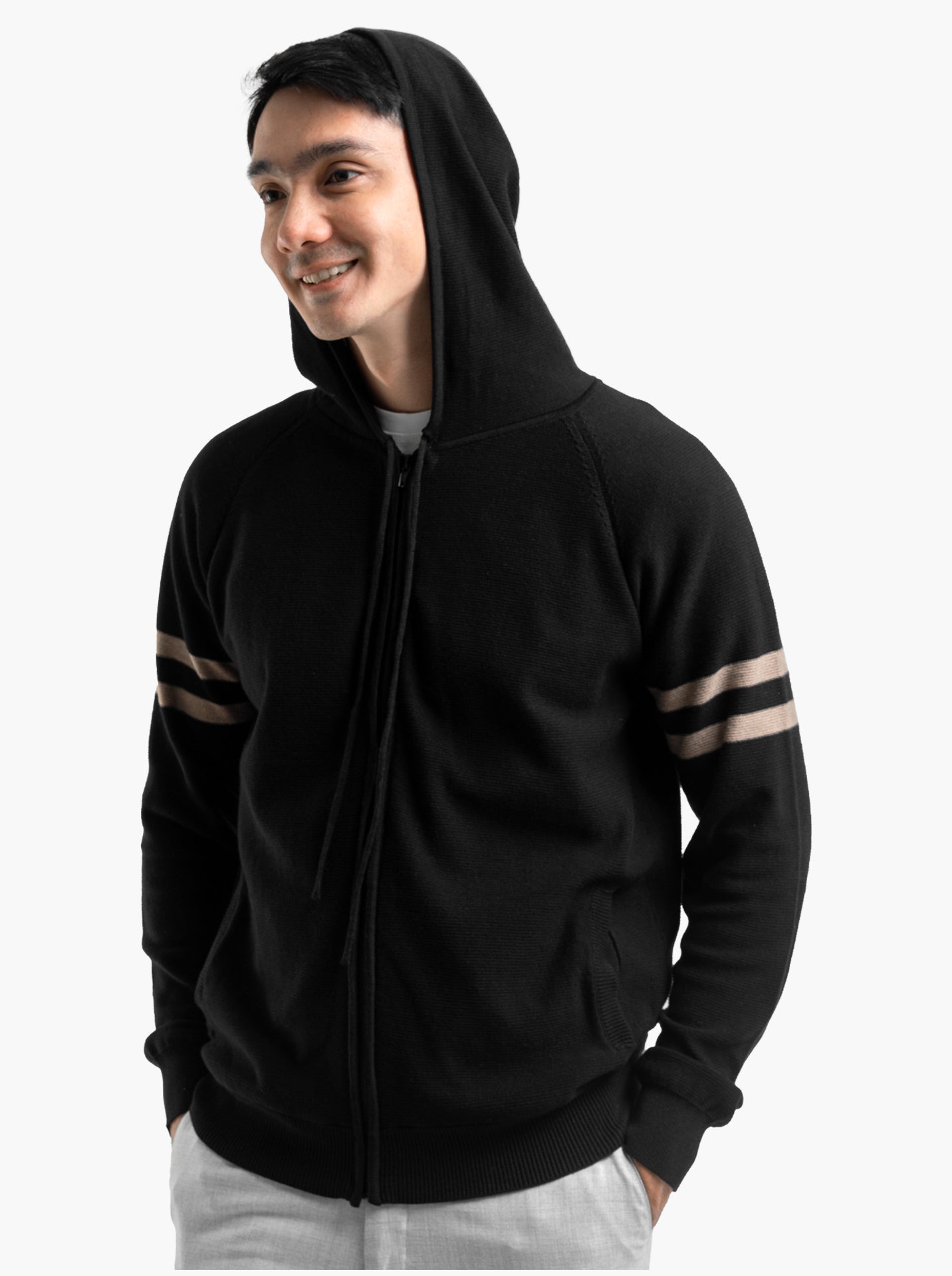 Raglan Hoodie Full Zip Black Stripe Khaki Knitwear