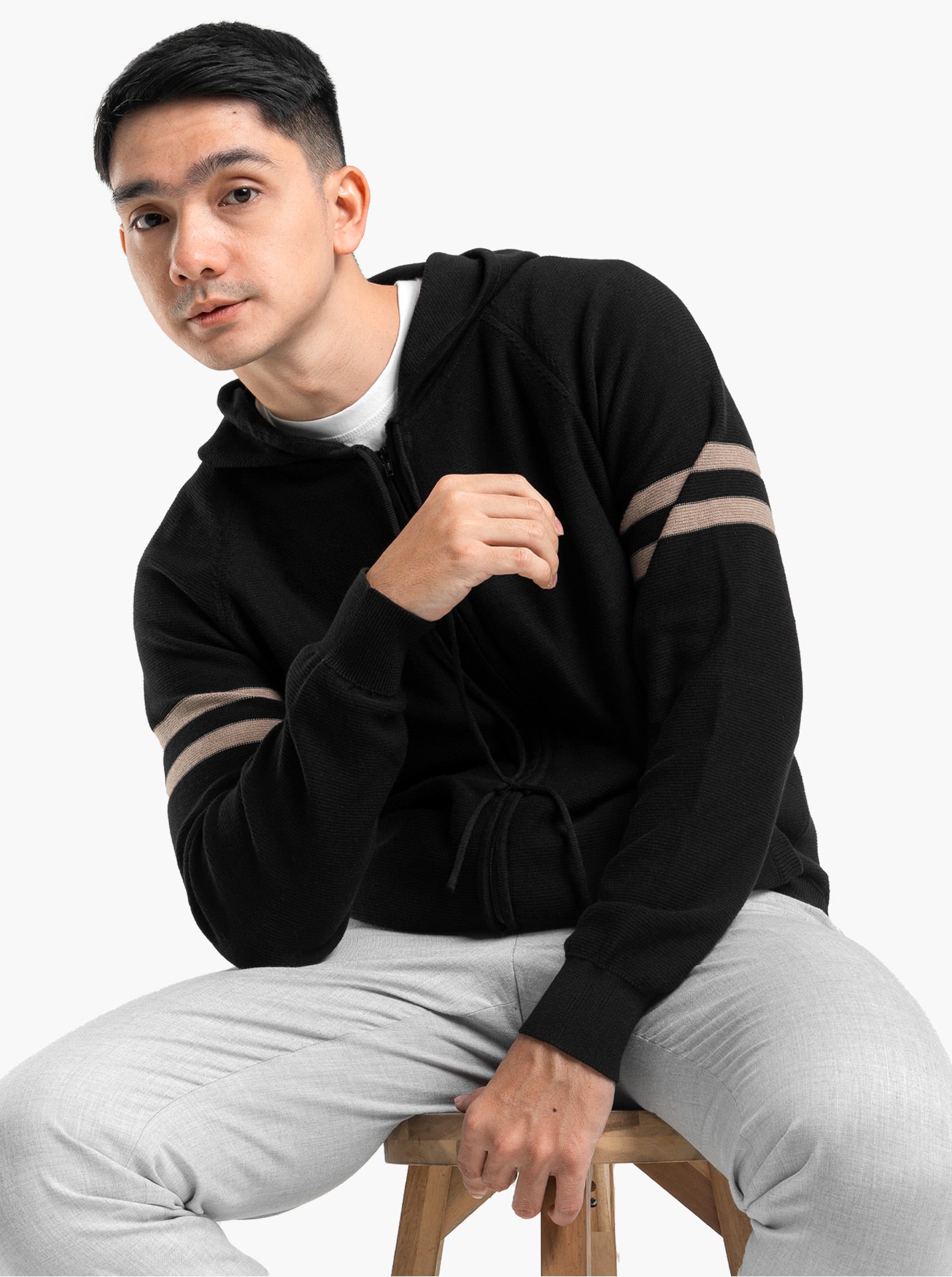 Raglan Hoodie Full Zip Black Stripe Khaki Knitwear