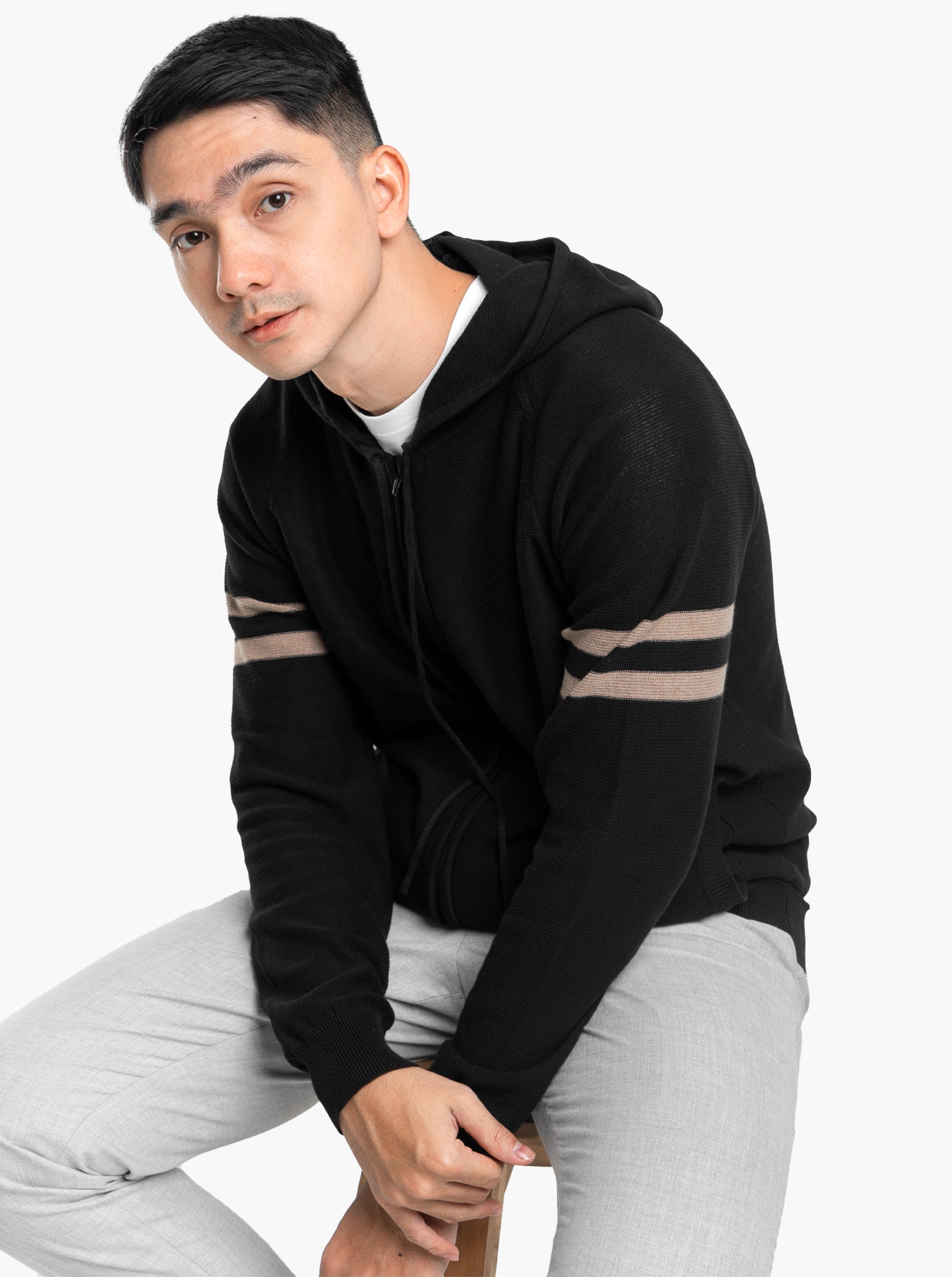 Raglan Hoodie Full Zip Black Stripe Khaki Knitwear