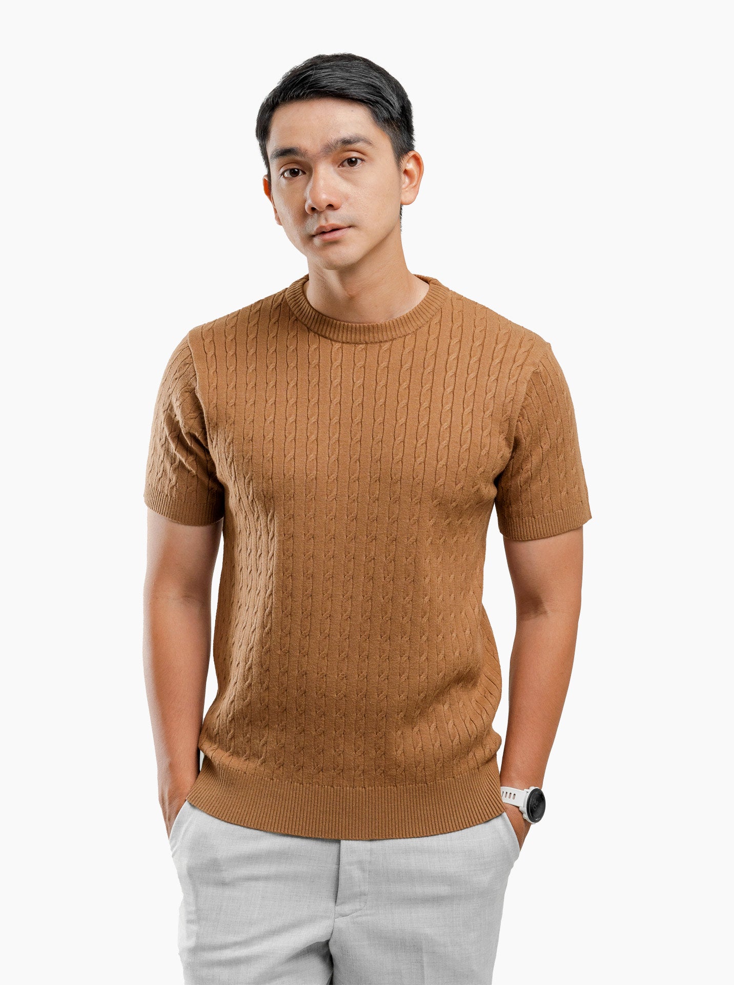 Viscose Cable Crewneck Short Sleeve Knitwear