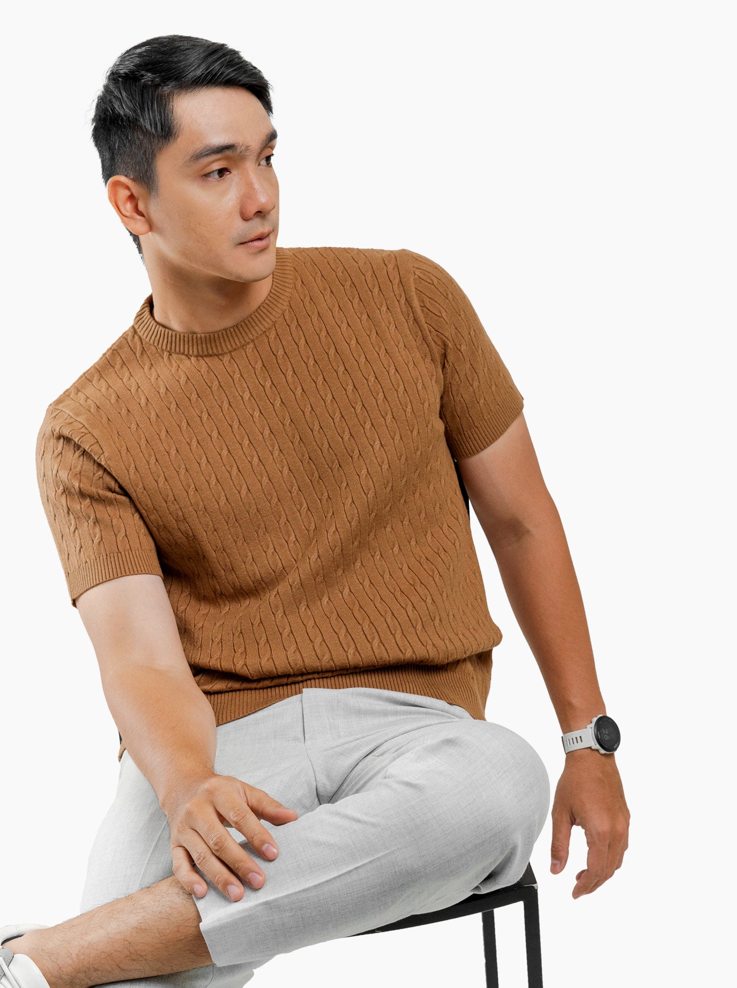 Viscose Cable Crewneck Short Sleeve Knitwear