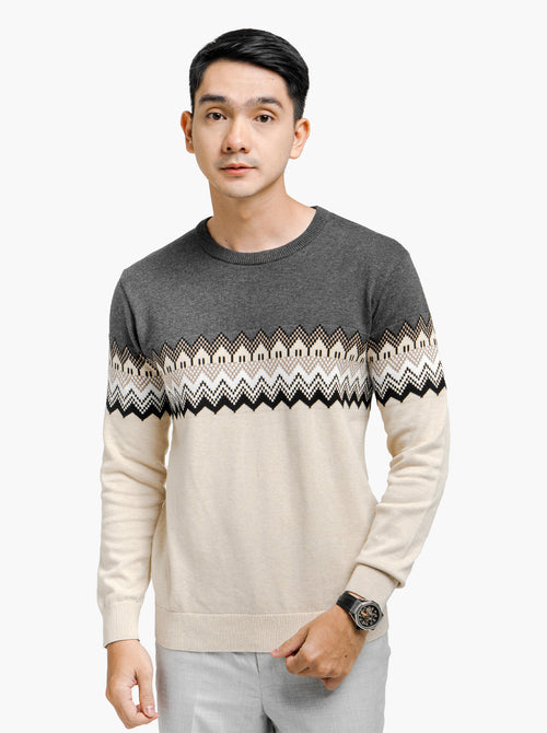 Beige Crewneck Aztec Tribal Knitwear