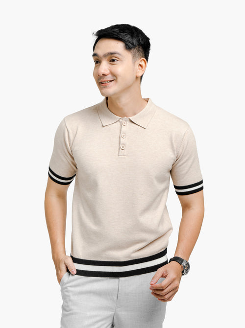 Beige Viscose Boxy Polo Stripe Knitwear