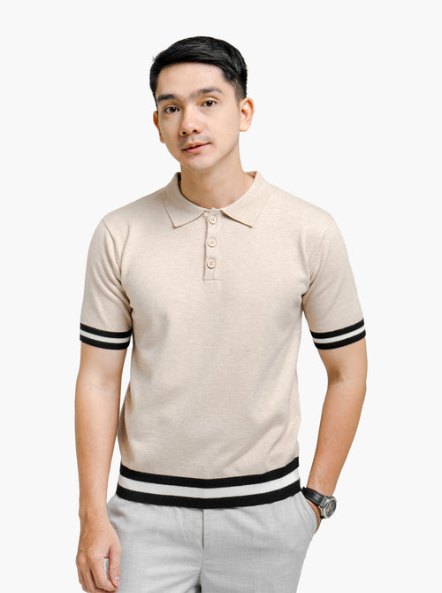 Beige Viscose Boxy Polo Stripe Knitwear