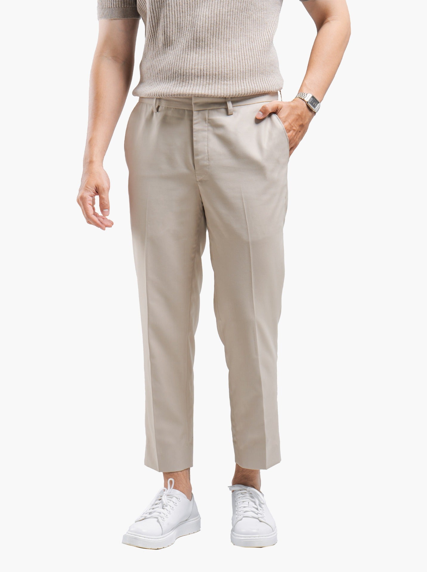 Beige Teteron Cotton Ankle Pant