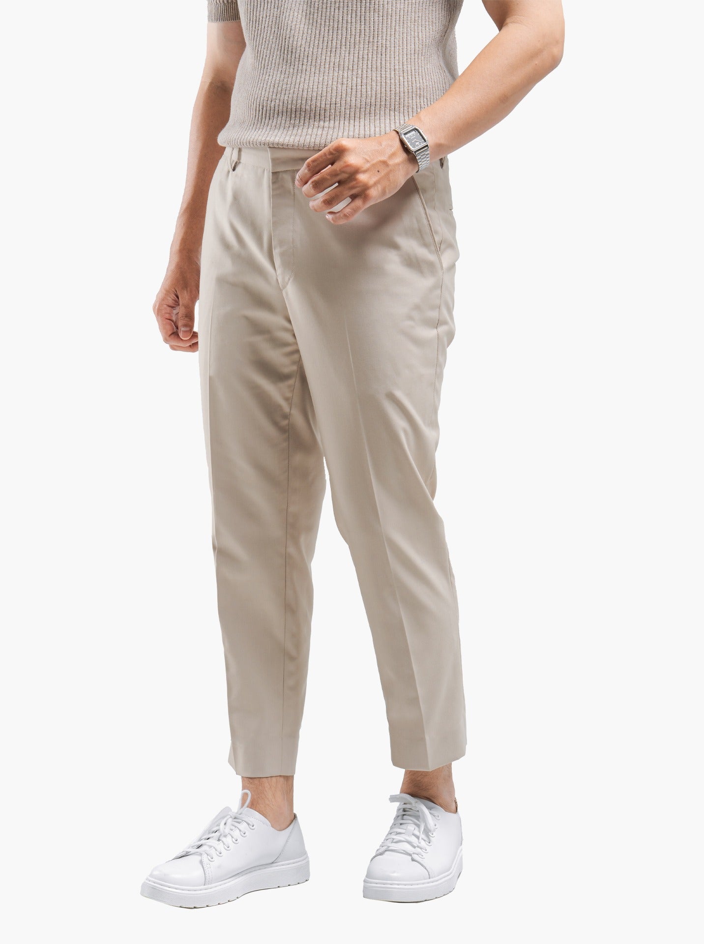 Beige Teteron Cotton Ankle Pant