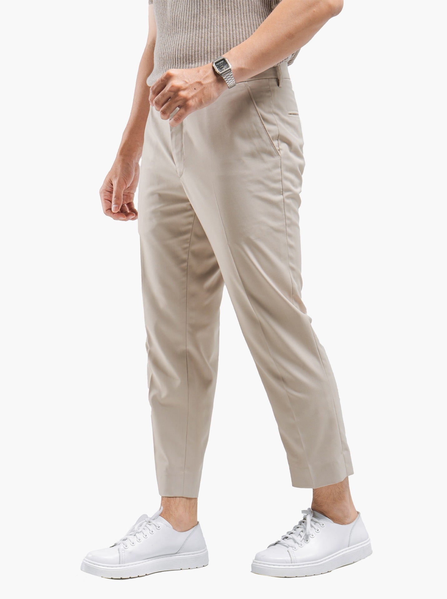 Beige Teteron Cotton Ankle Pant