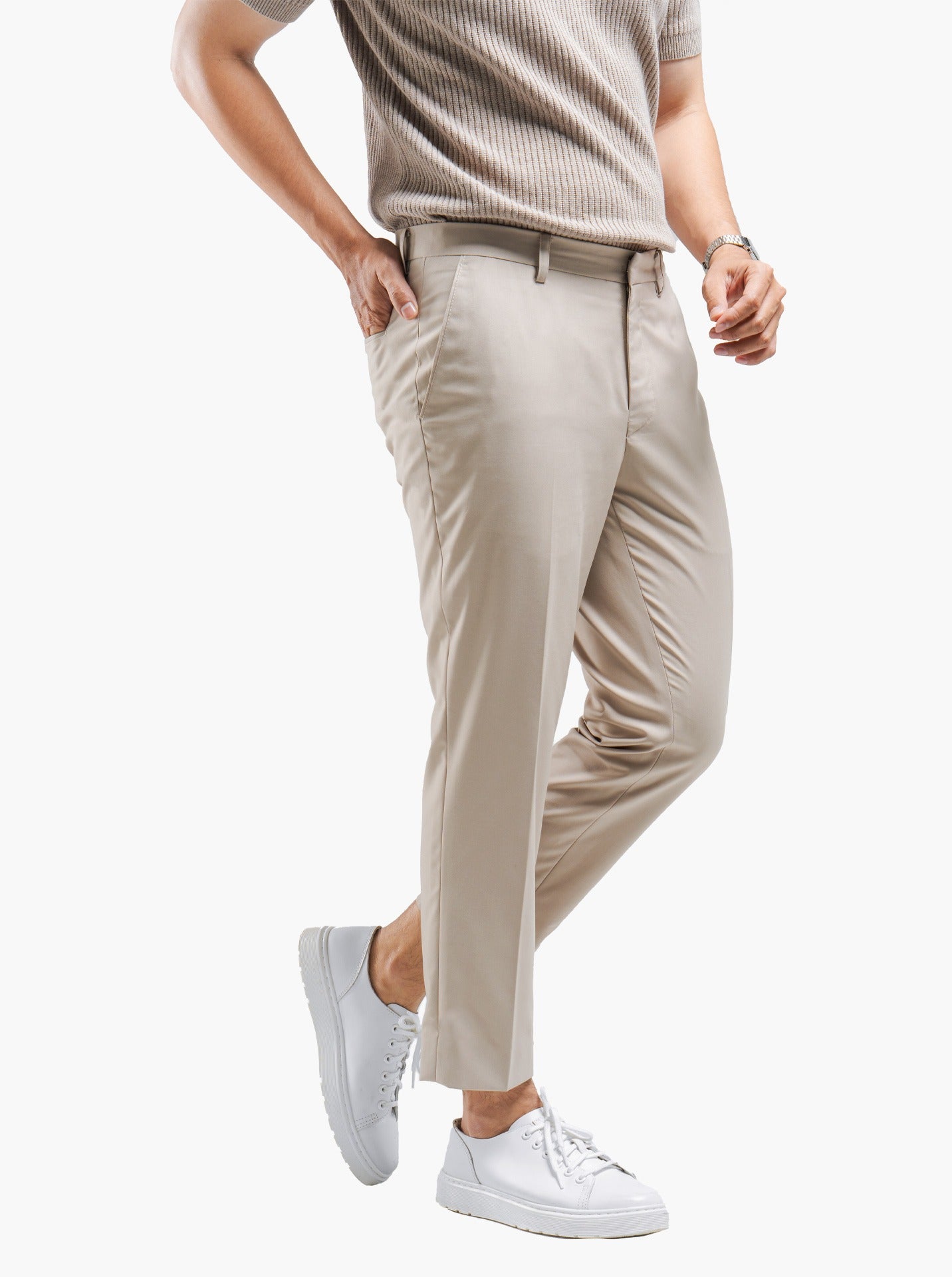Beige Teteron Cotton Ankle Pant