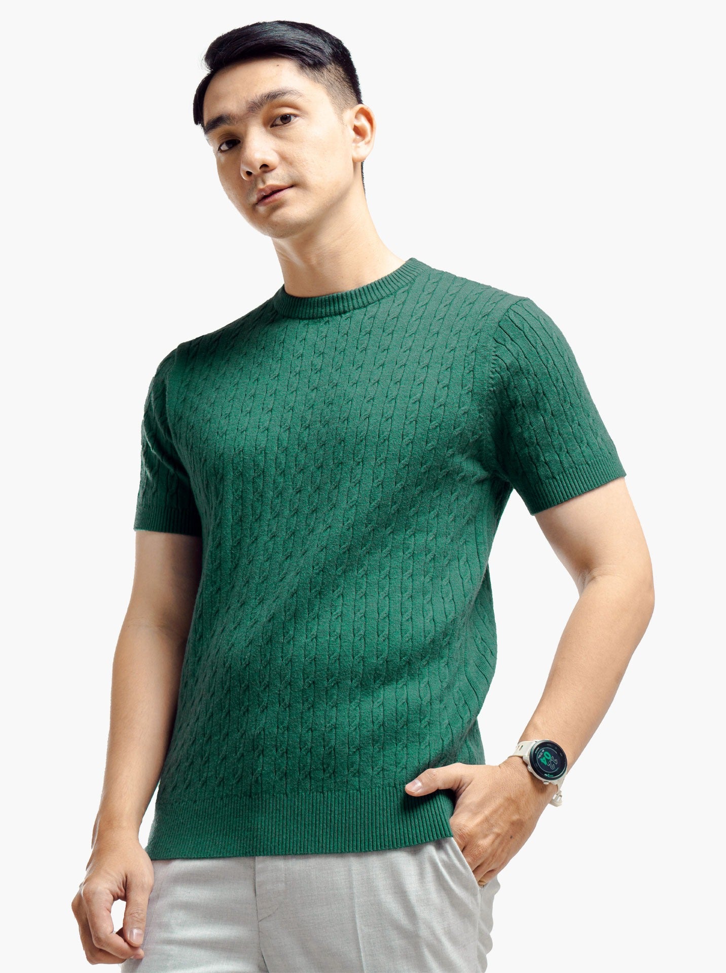 Viscose Cable Crewneck Short Sleeve Knitwear
