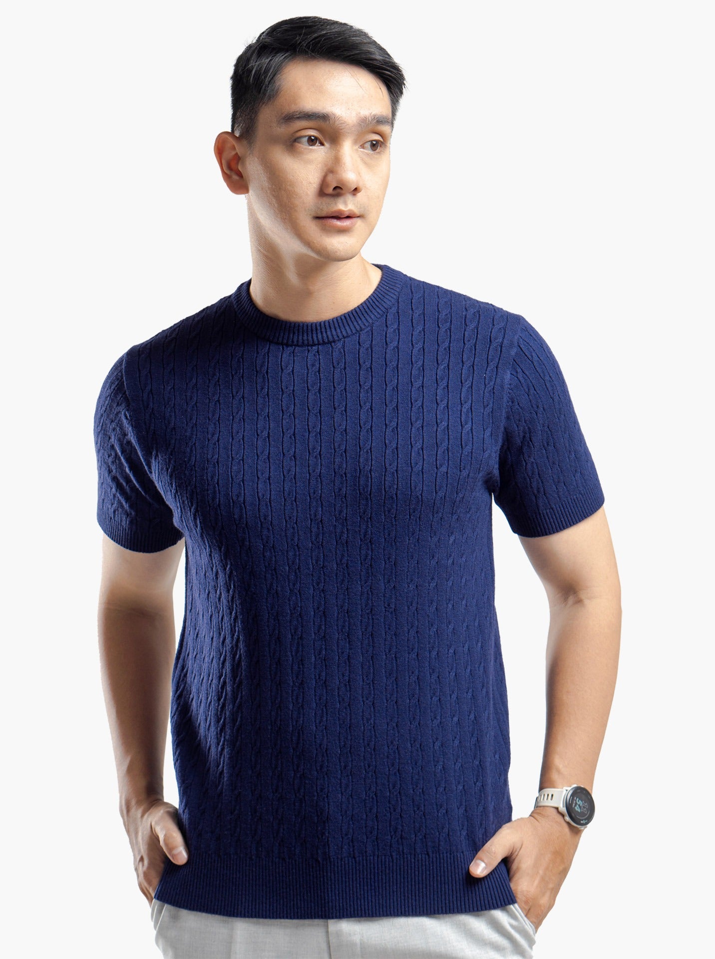Viscose Cable Crewneck Short Sleeve Knitwear