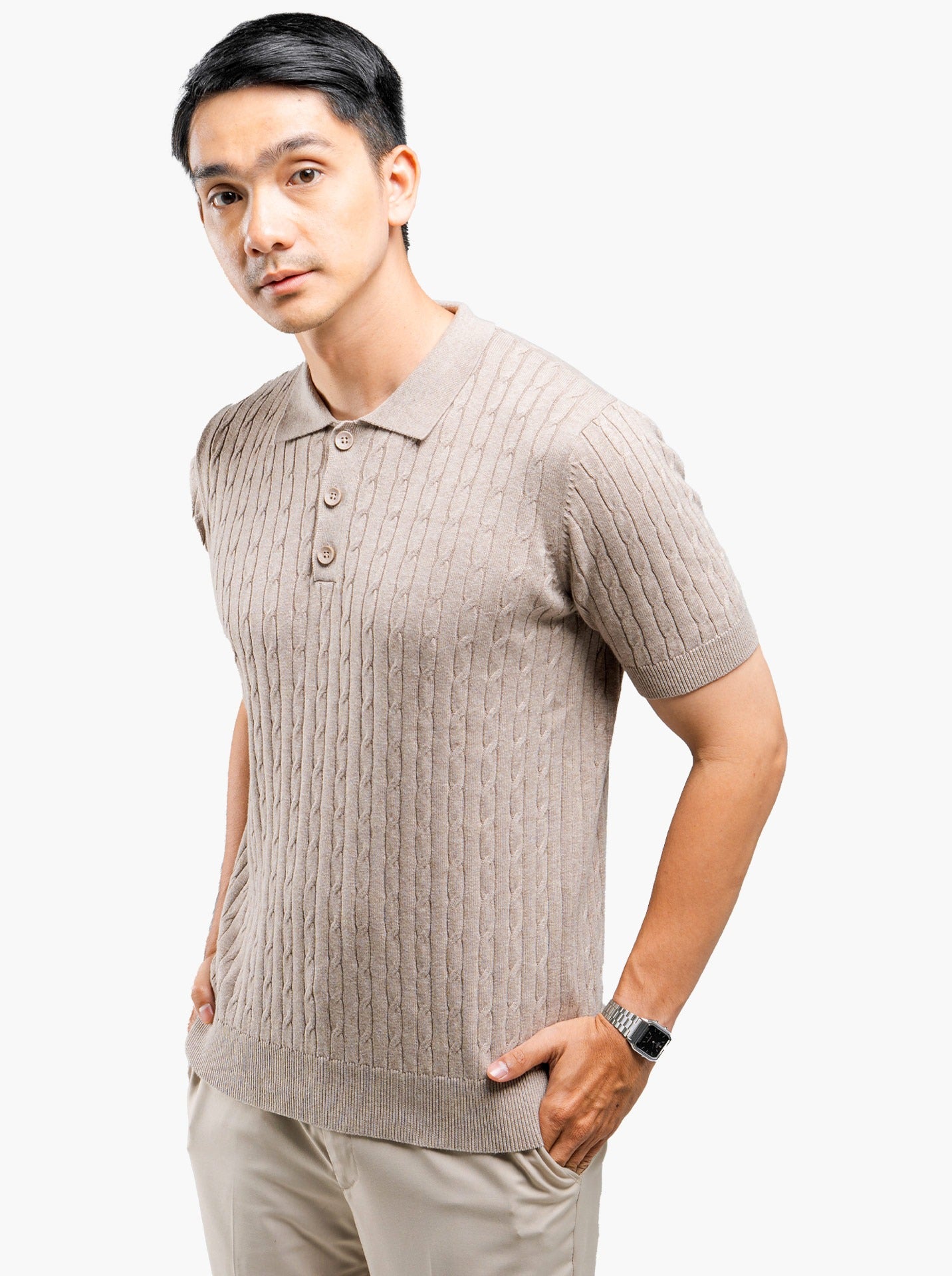 Cable Polo Button Neck Knitwear