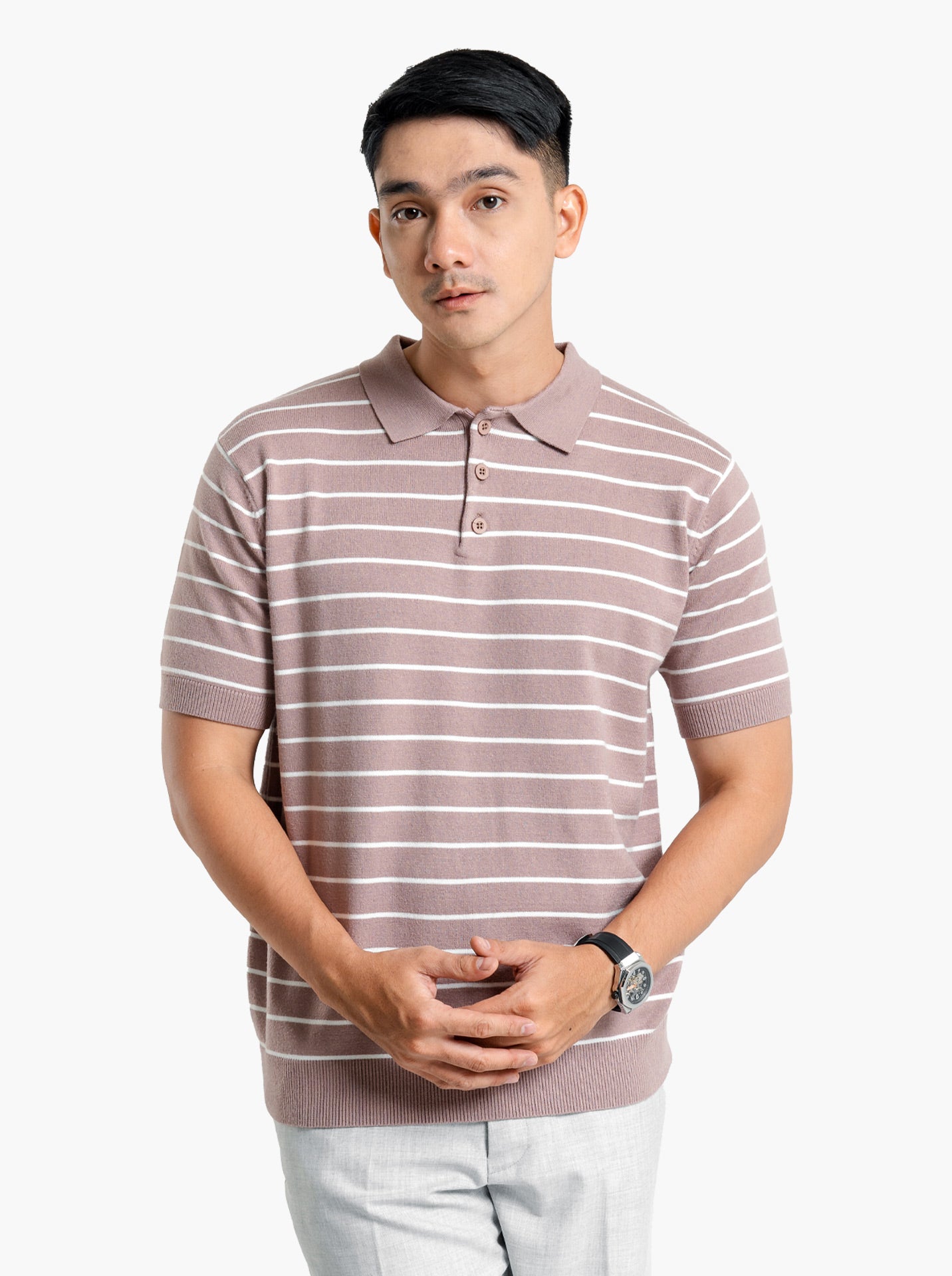 Mocca Viscose Boxy Polo Stripe Knitwear