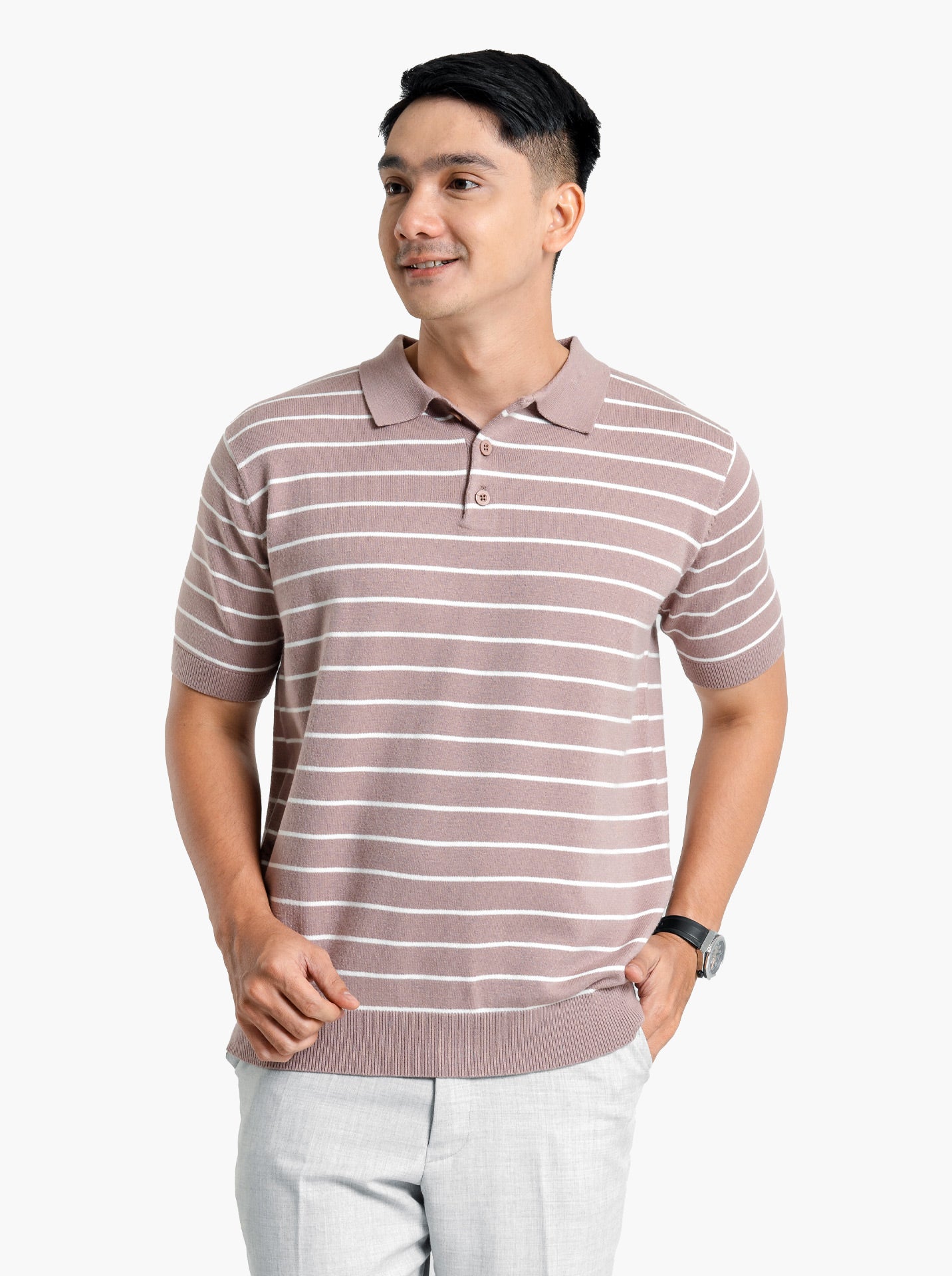 Mocca Viscose Boxy Polo Stripe Knitwear