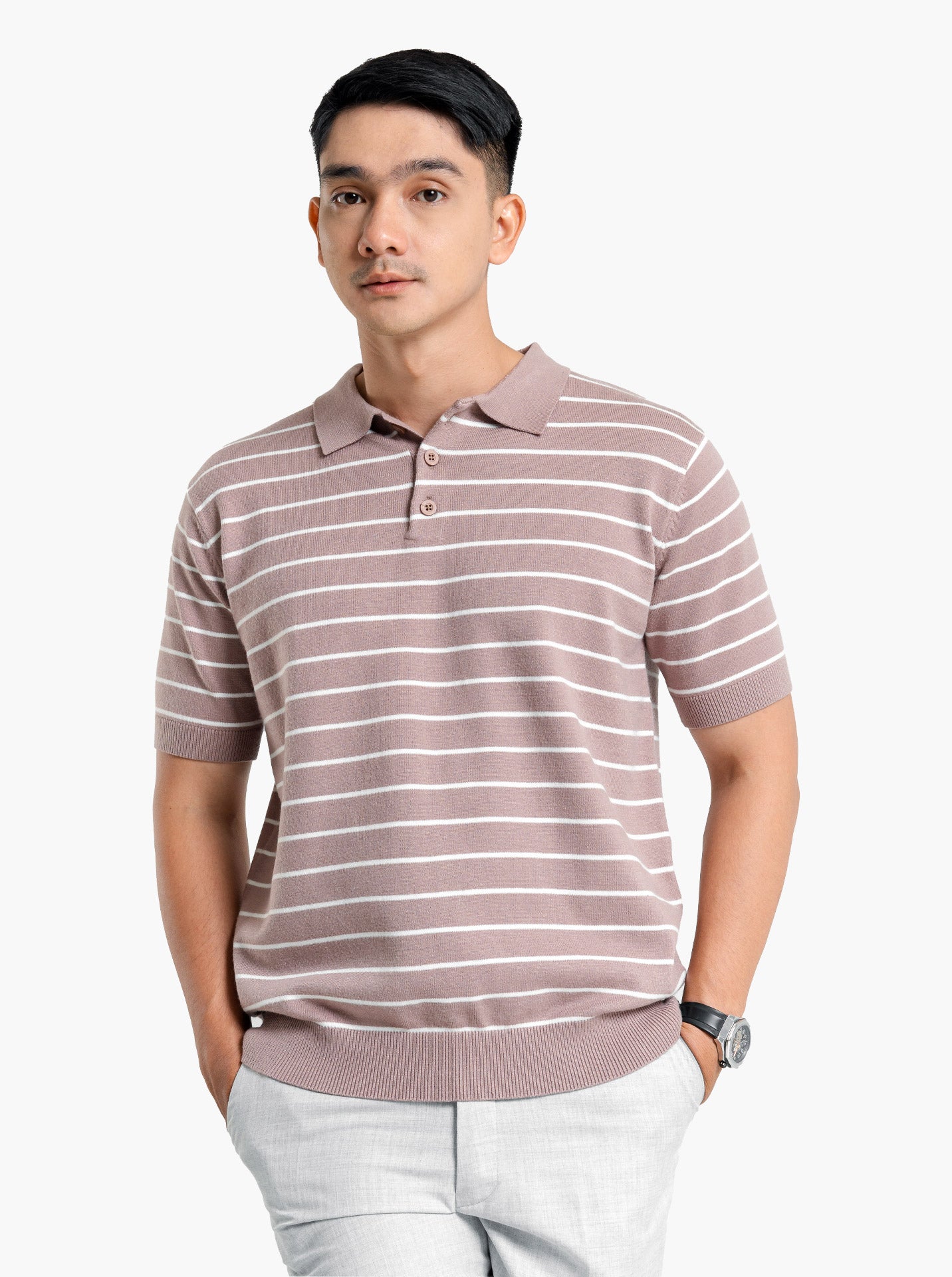 Mocca Viscose Boxy Polo Stripe Knitwear