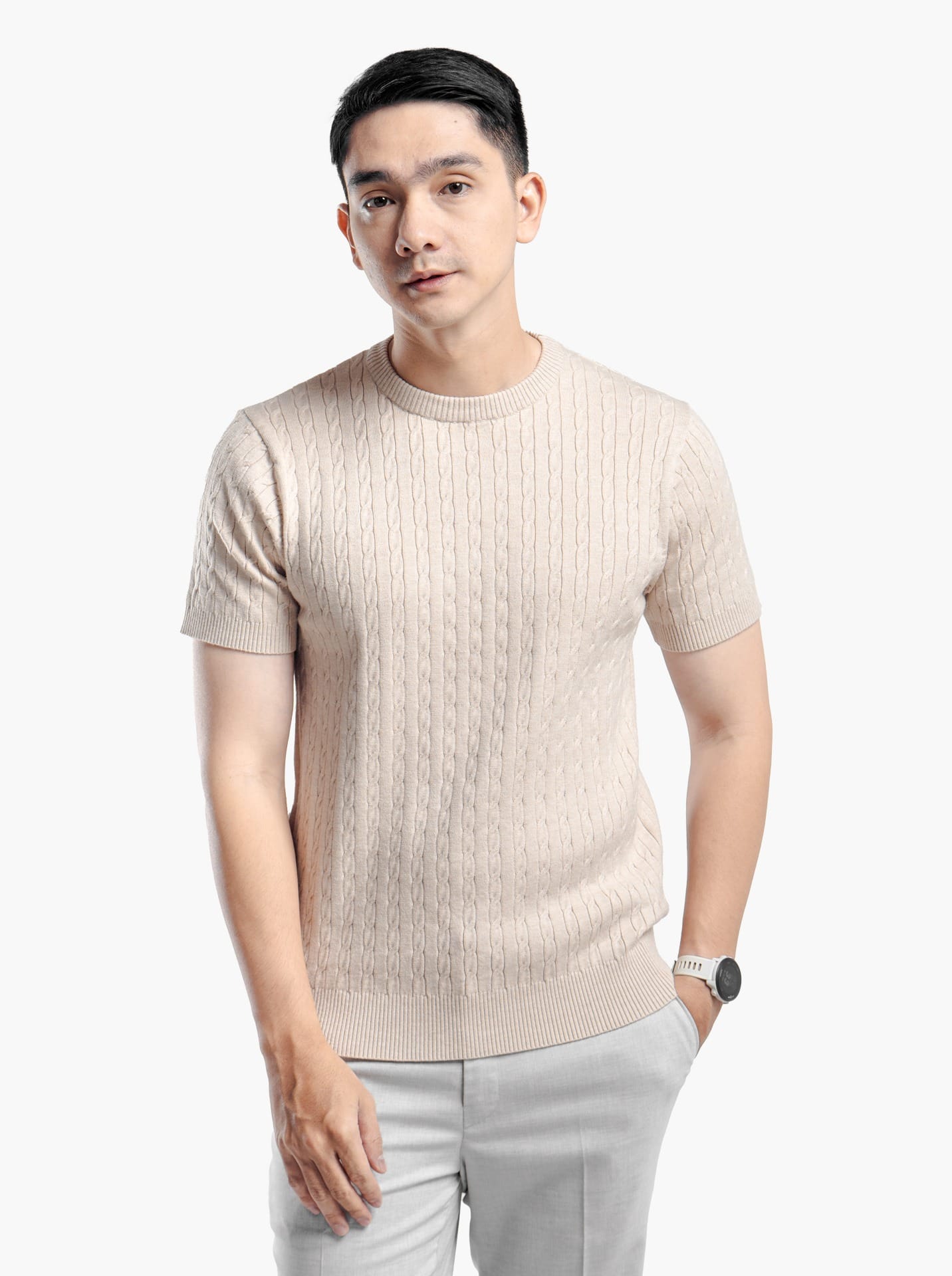 gomuda Knitwear Beige / M Viscose Cable Crewneck Short Sleeve Knitwear