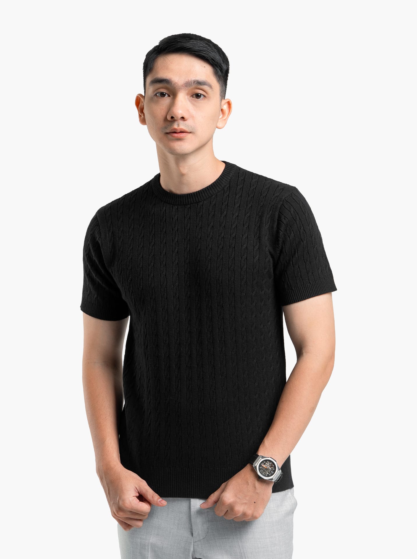 gomuda Knitwear Black / M Viscose Cable Crewneck Short Sleeve Knitwear
