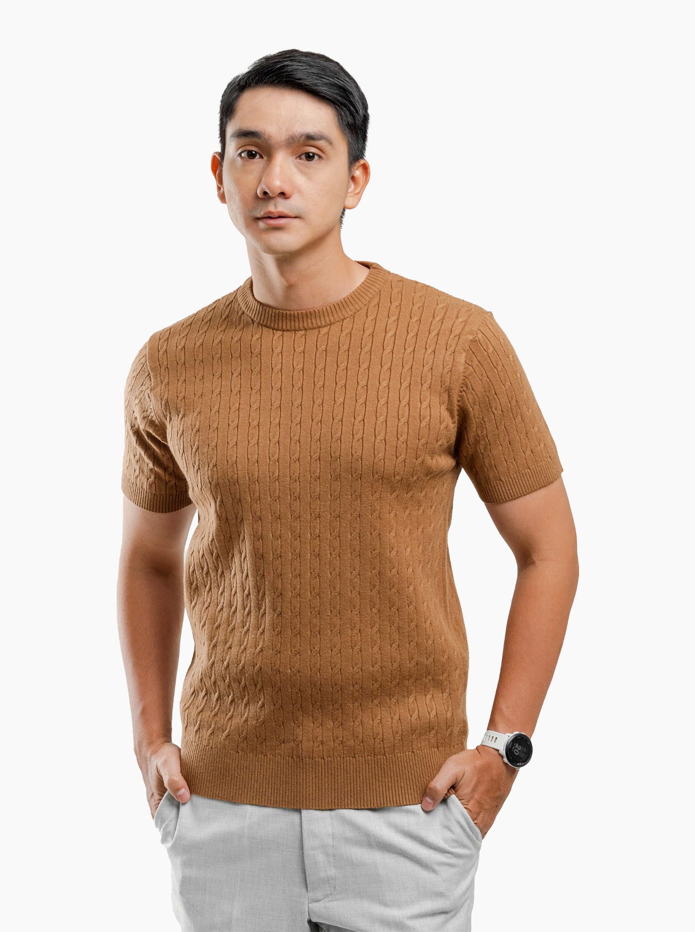 gomuda Knitwear Camel Brown / M Viscose Cable Crewneck Short Sleeve Knitwear
