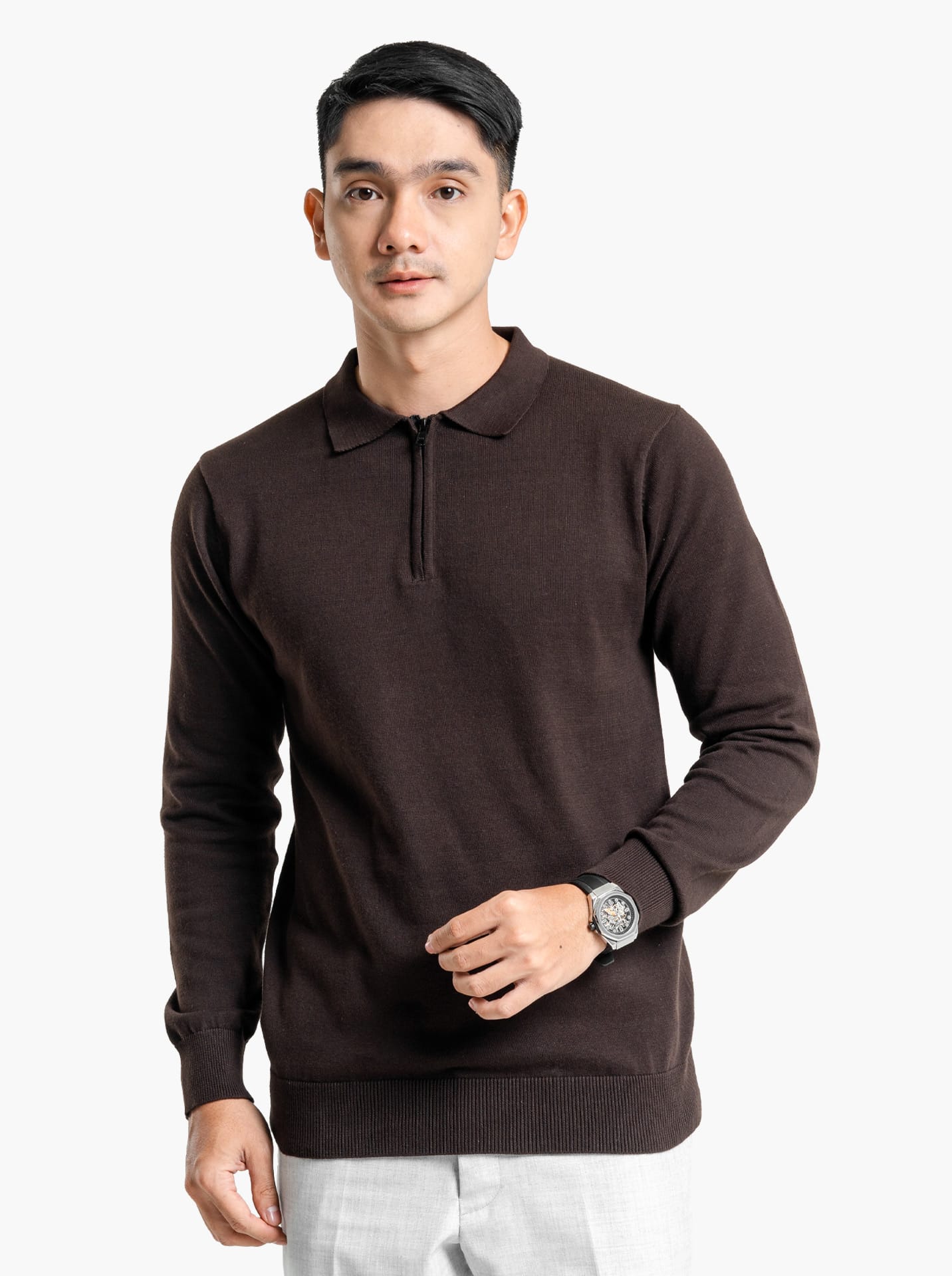 Gomuda Knitwear Coffee / M Polo Zip Neck Long Sleeve Knitwear