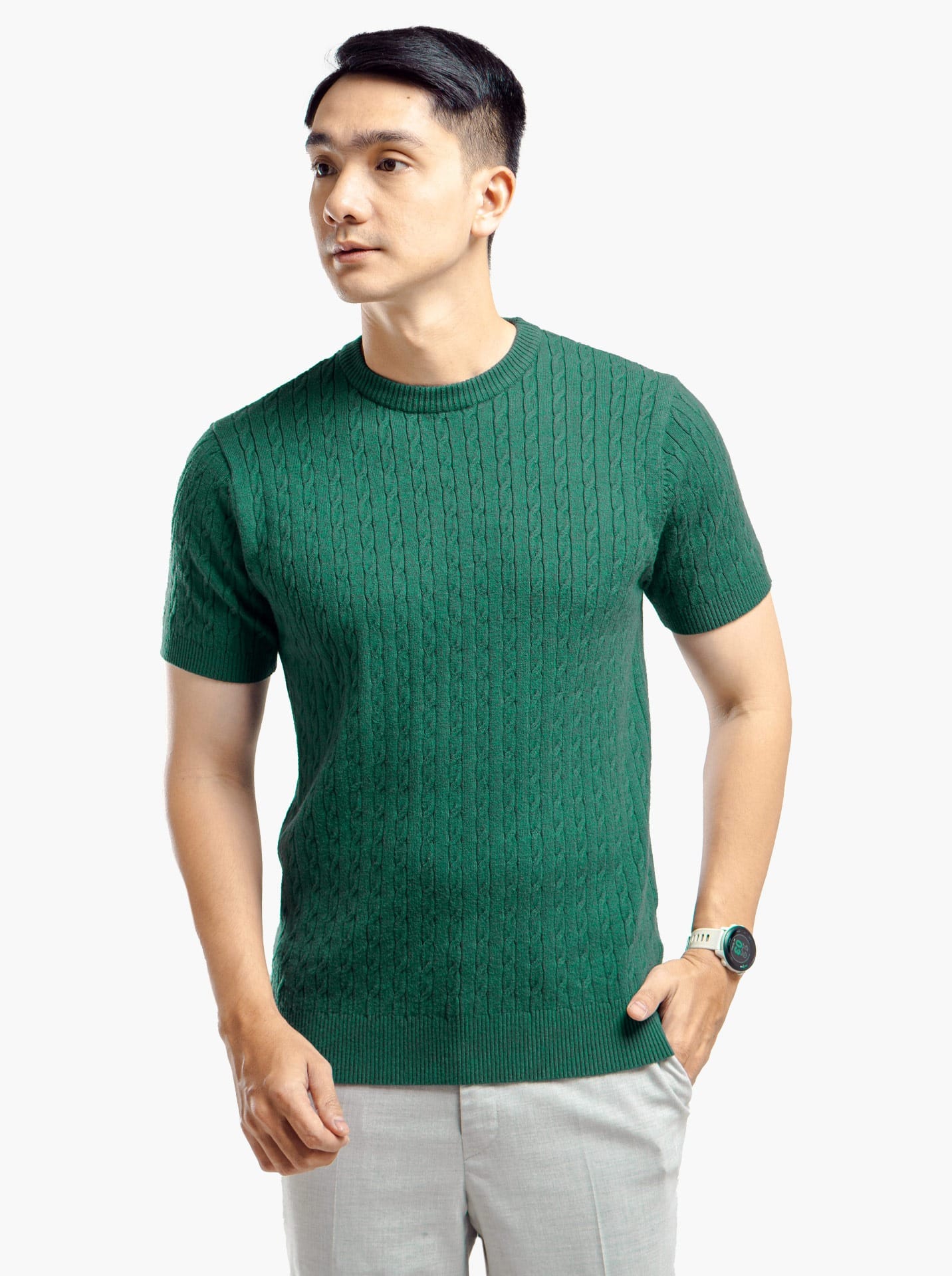 gomuda Knitwear Forest Green / M Viscose Cable Crewneck Short Sleeve Knitwear