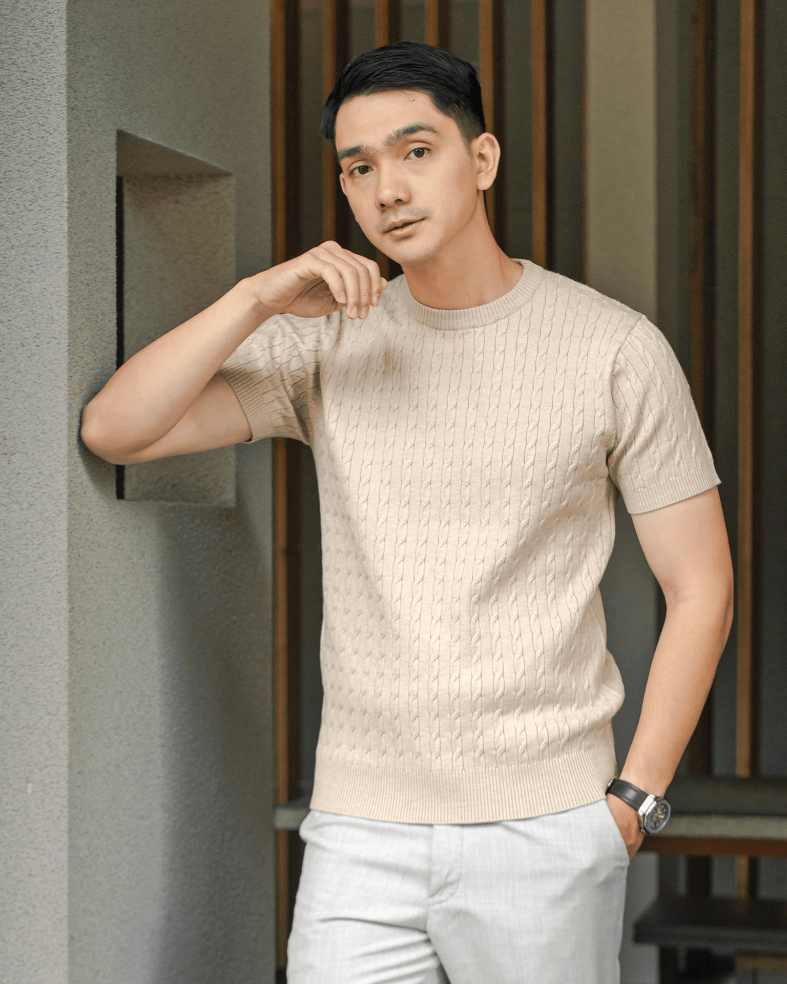 gomuda Knitwear Viscose Cable Crewneck Short Sleeve Knitwear