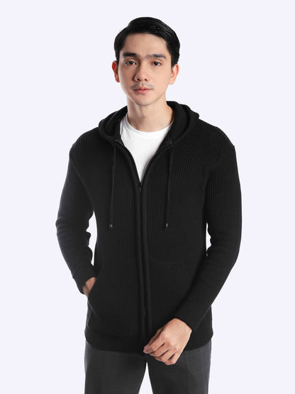 Black Hoodie Full Zip Knitwear - Gomuda