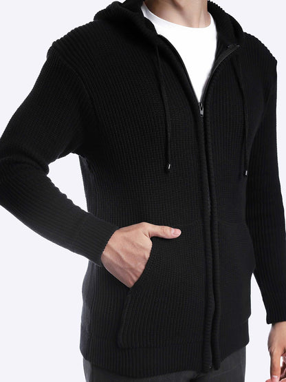 Black Hoodie Full Zip Knitwear - Gomuda