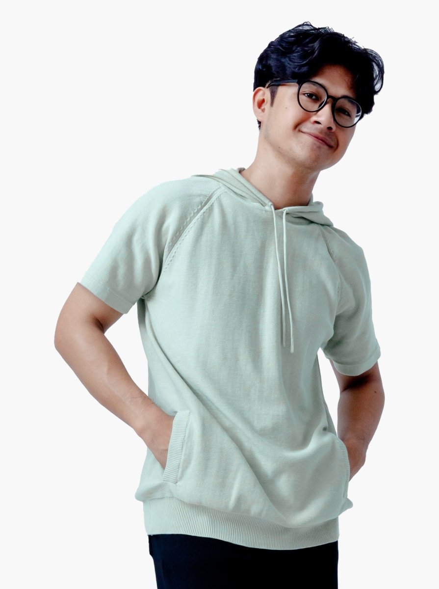 Mint Green Hoodie Raw Short Sleeve Knitwear - gomuda