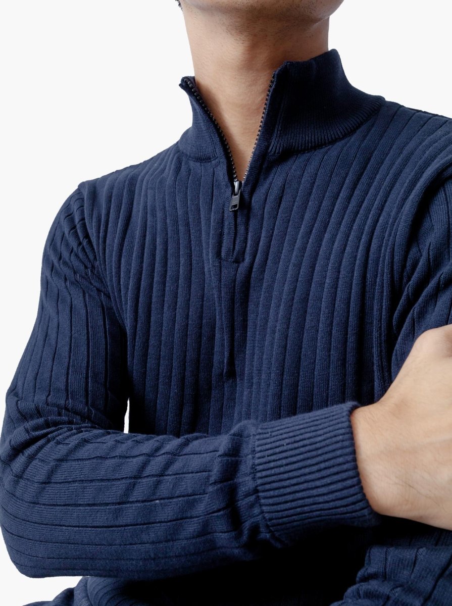 Navy Slimfit Ribbed Quarter Zip Neck Knitwear - gomuda