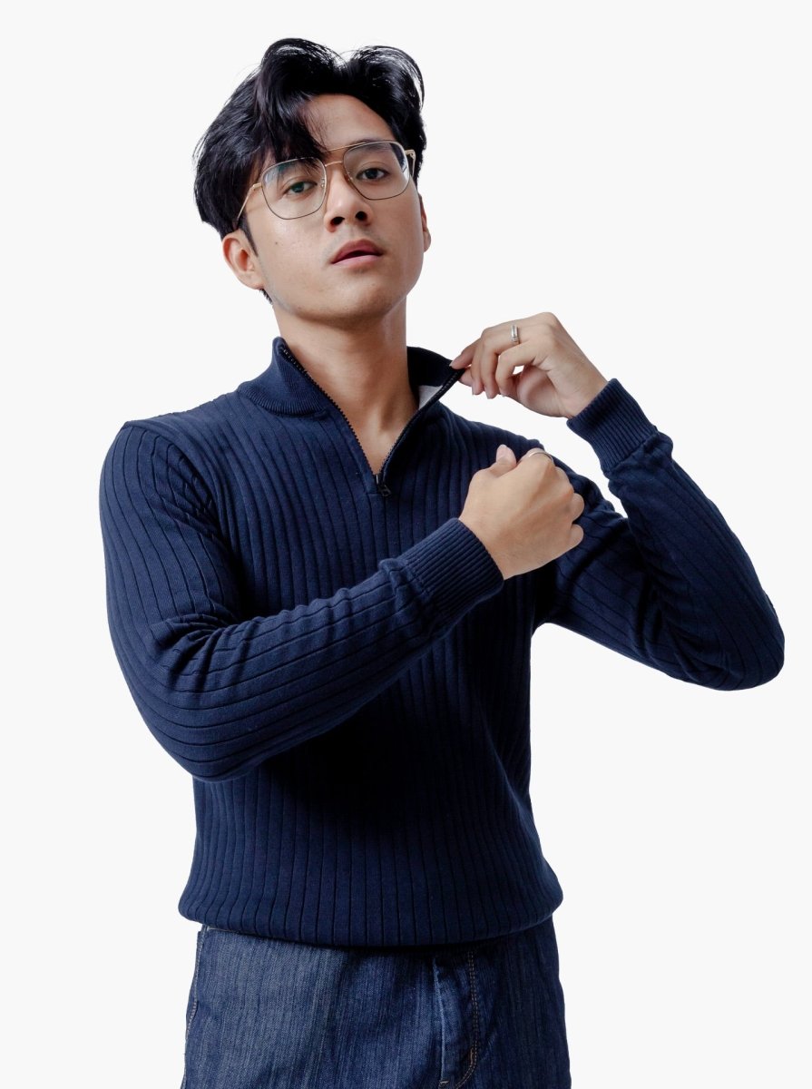 Navy Slimfit Ribbed Quarter Zip Neck Knitwear - gomuda