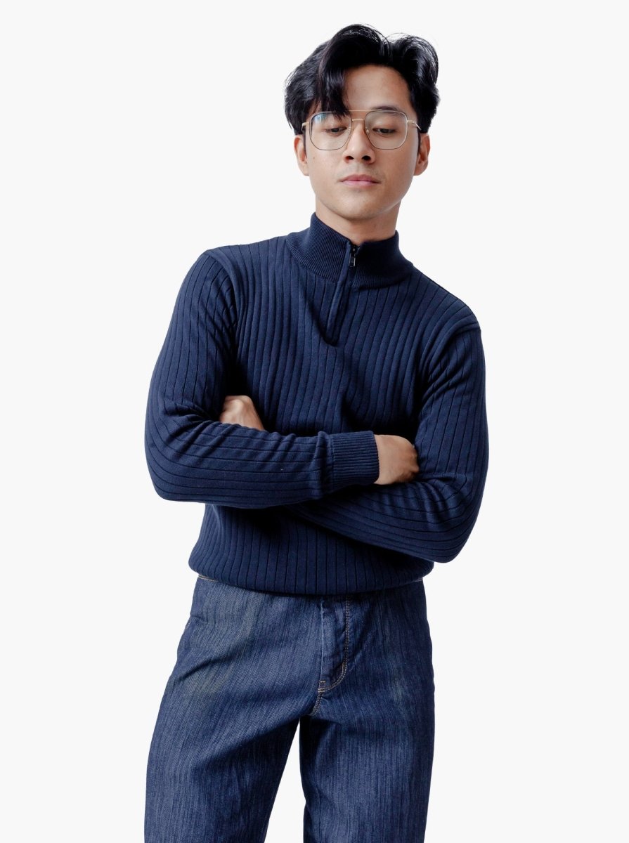 Navy Slimfit Ribbed Quarter Zip Neck Knitwear - gomuda