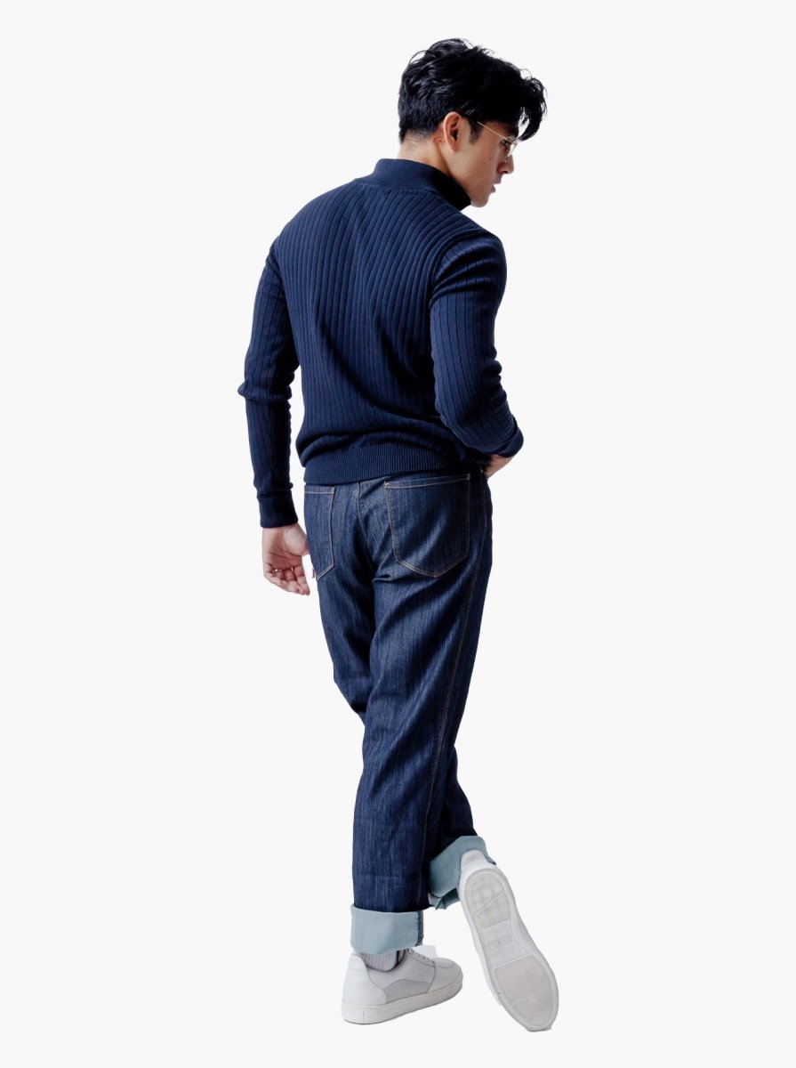 Navy Slimfit Ribbed Quarter Zip Neck Knitwear - gomuda